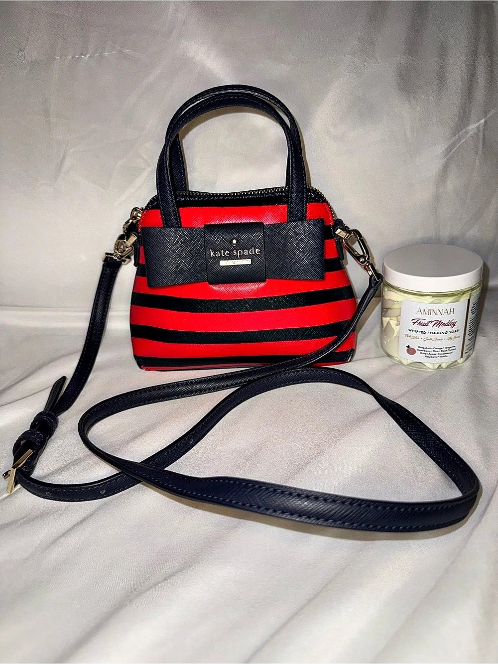 Kate Spade Maise Julia Street Striped Red & Navy Blue Bow Purse Mini & Aminnah